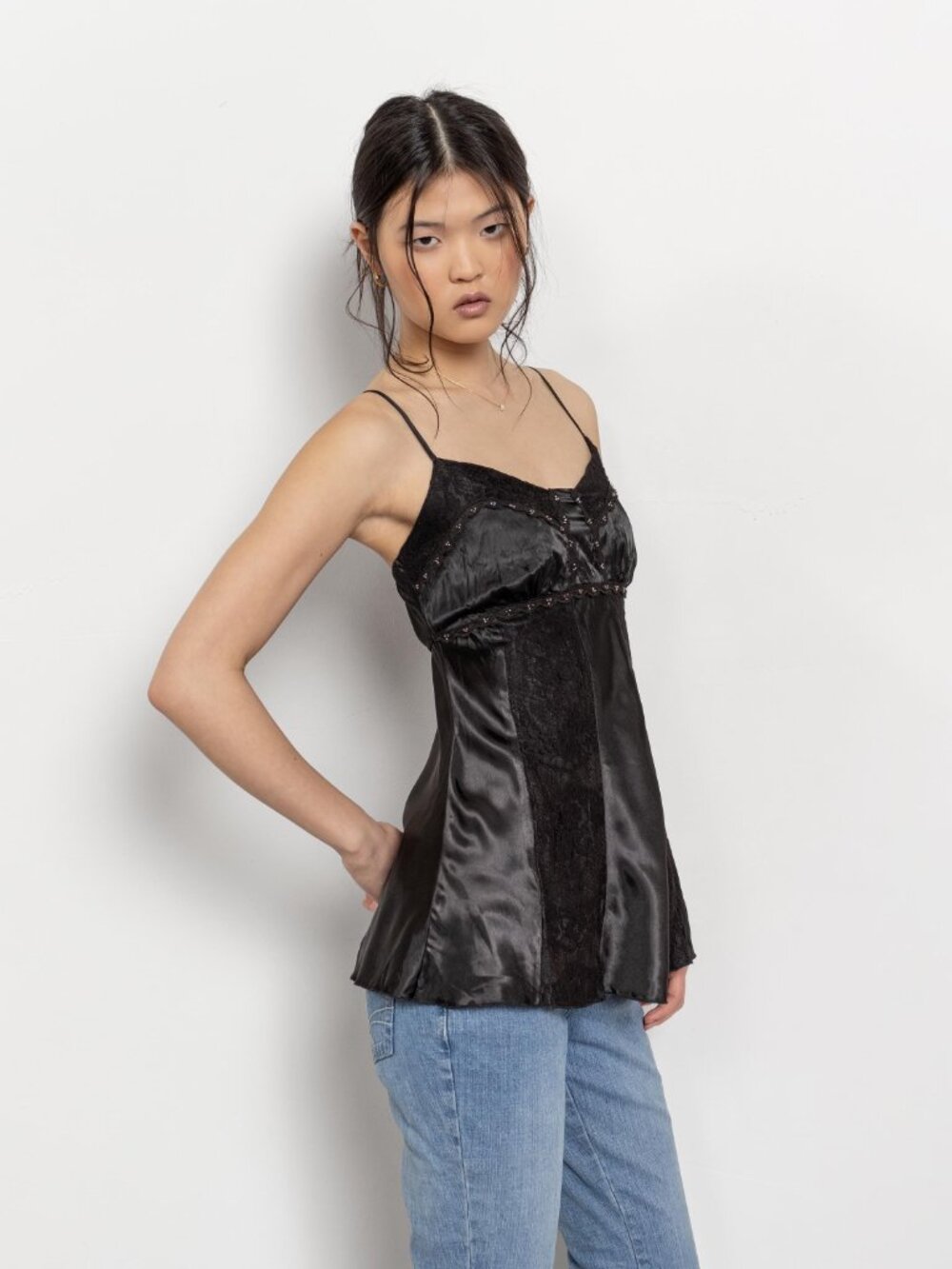 BLACK SLIP Camisole Beaded Satin Lace Lingerie Vintage / Small